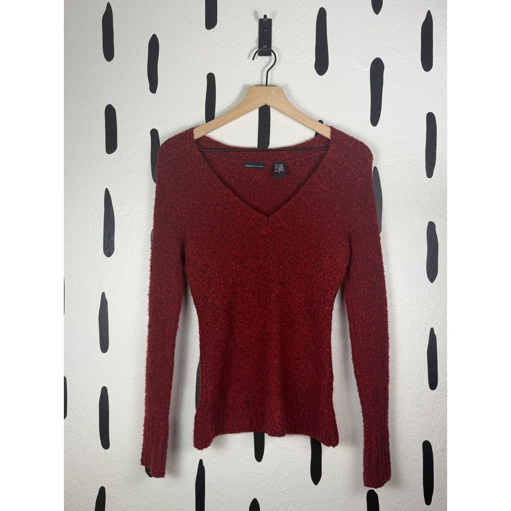 Moda International Red Wool Blend V-Neck Textured Knit Sweater Womens Medium